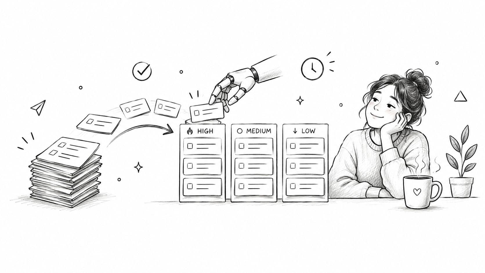 A robotic hand sorting tasks into high, medium, and low priority columns for a relaxed woman.