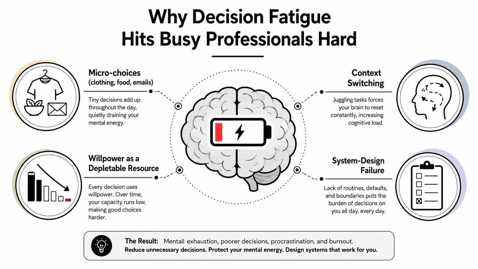 An infographic showing four common causes of decision fatigue for busy professionals and how to manage it.