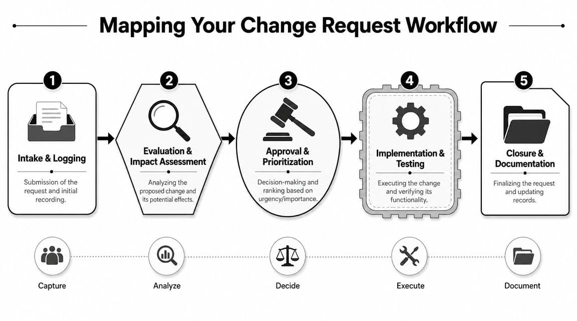 A five-step infographic showing the change request workflow process from intake and logging to final closure and documentation.