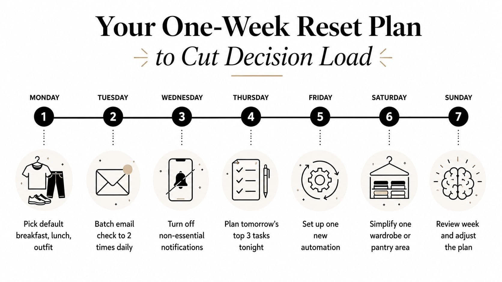 A weekly plan timeline for reducing daily decision fatigue through organized habits and automation tasks.