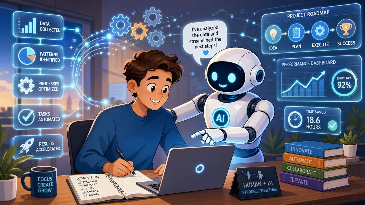 A young person using a laptop with an AI assistant for digital project and workflow management.