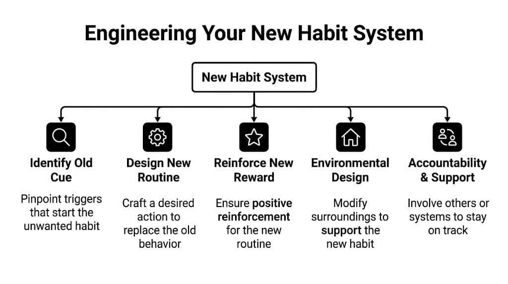 A diagram outlining five key steps for engineering a new habit system for personal improvement.