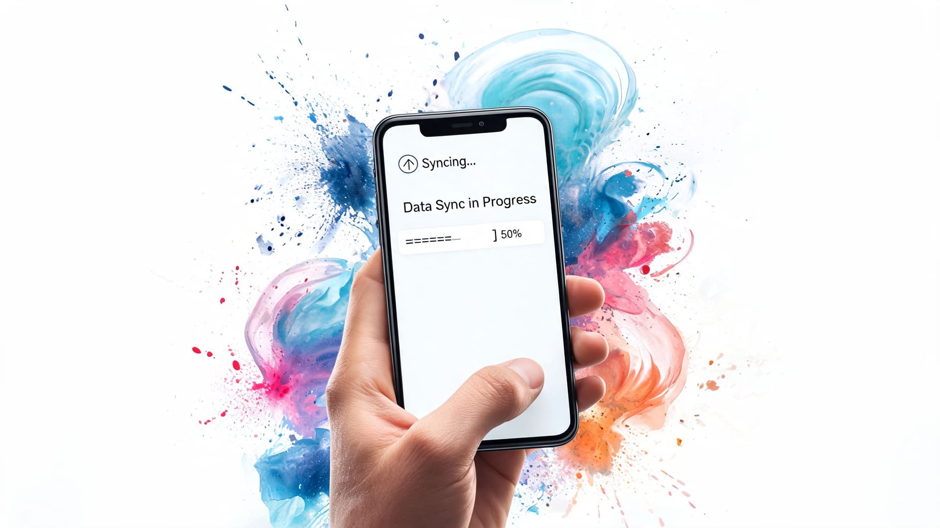 A hand holding a smartphone displaying a data synchronization progress bar at fifty percent against colorful splashes.