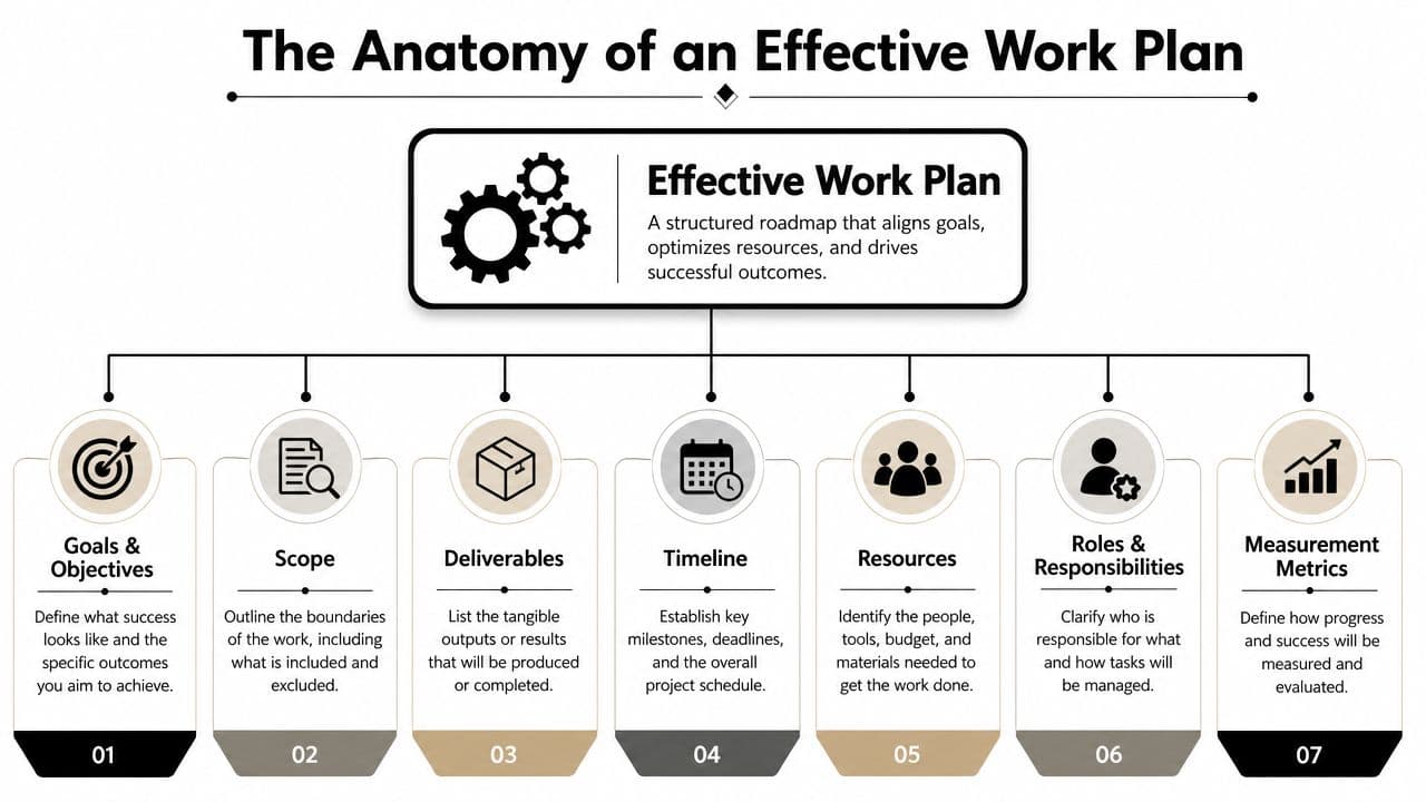 A diagram outlining the seven key components required to create an effective work plan for projects.