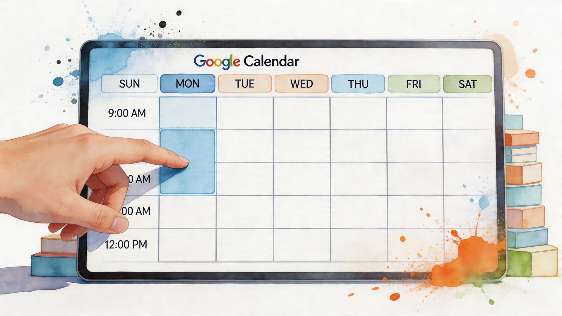 A hand points to a time slot on a watercolor-style Google Calendar schedule on a tablet screen.