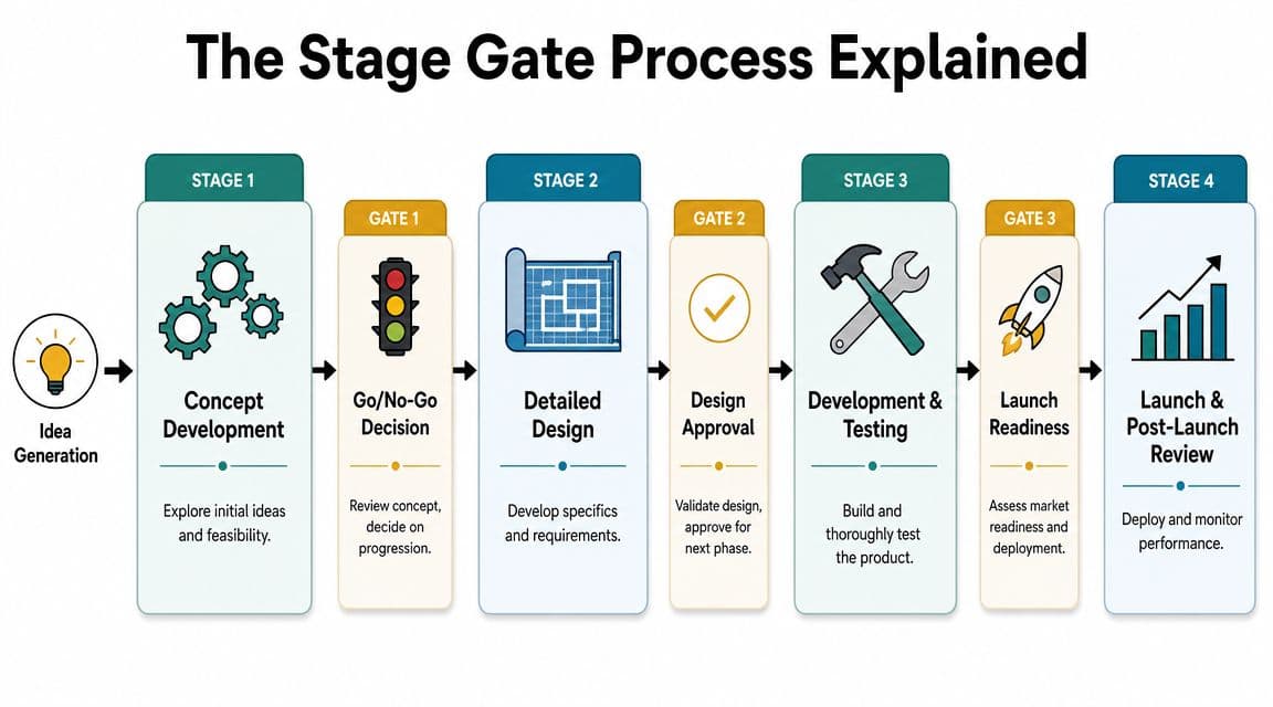 A diagram illustrating the stage gate process from initial idea generation to final launch and review.
