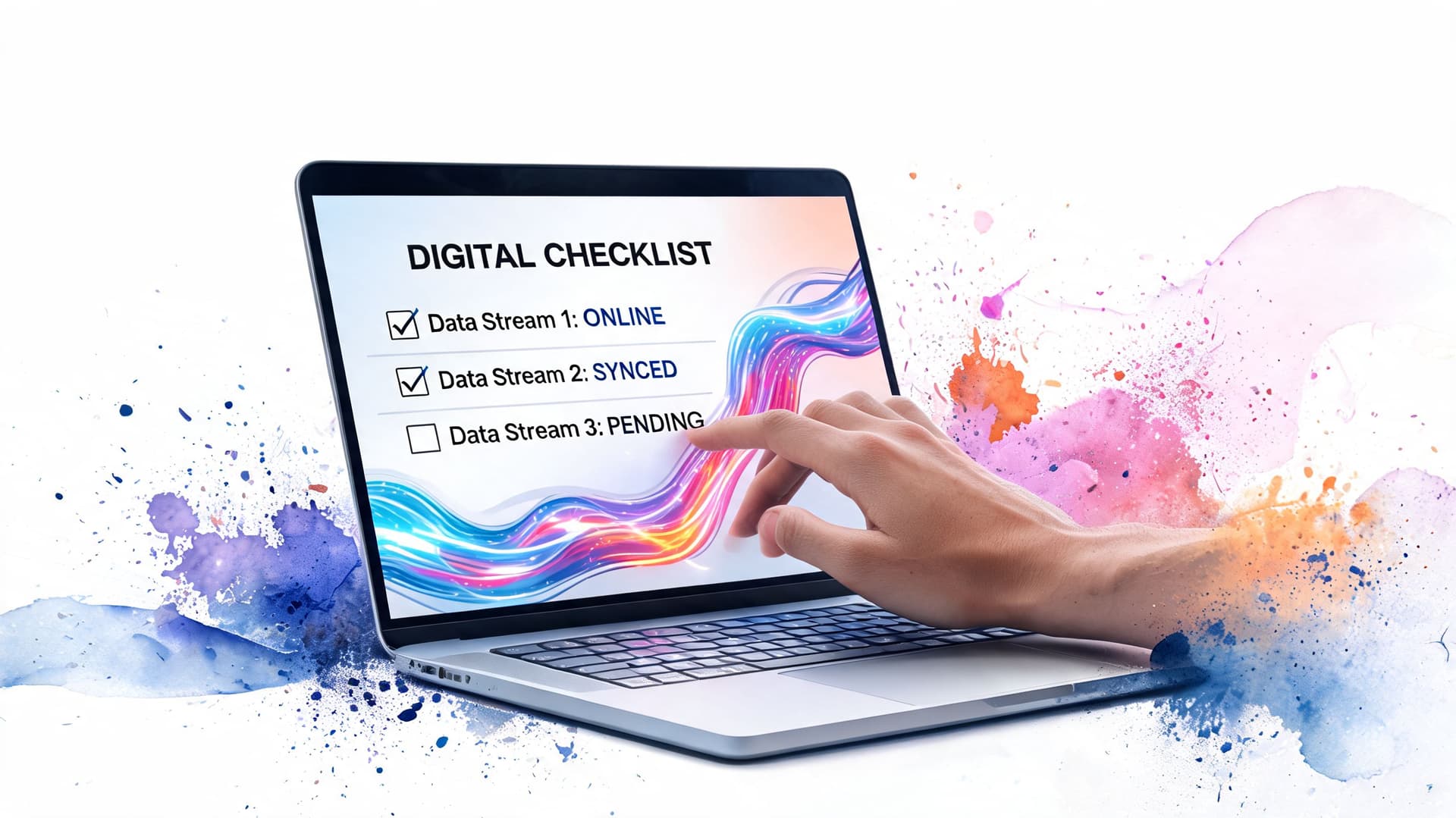 A hand interacting with a laptop screen displaying a digital checklist for data stream status updates.