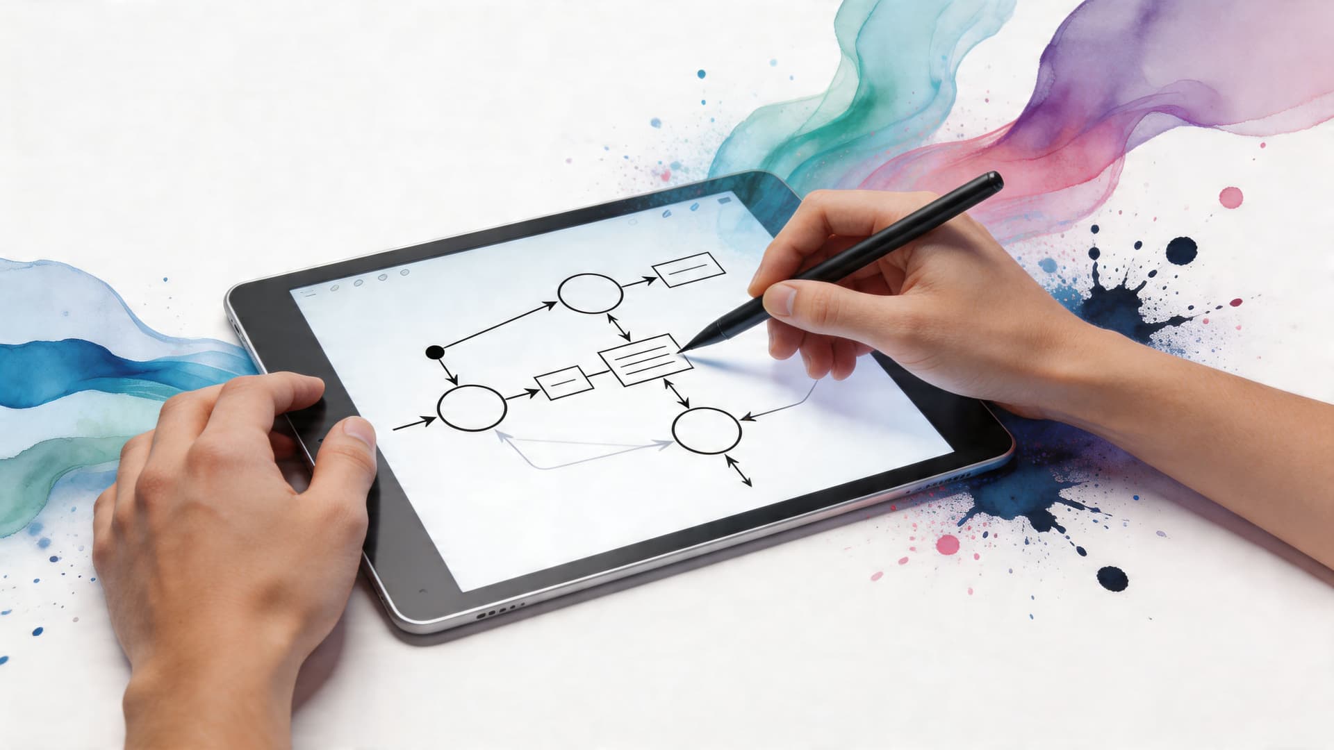 A person drawing a complex flowchart diagram on a digital tablet with a stylus pen.