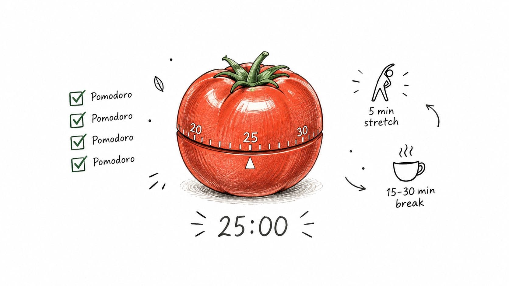 A hand-drawn illustration depicting the Pomodoro time management technique with a tomato timer and break reminders.