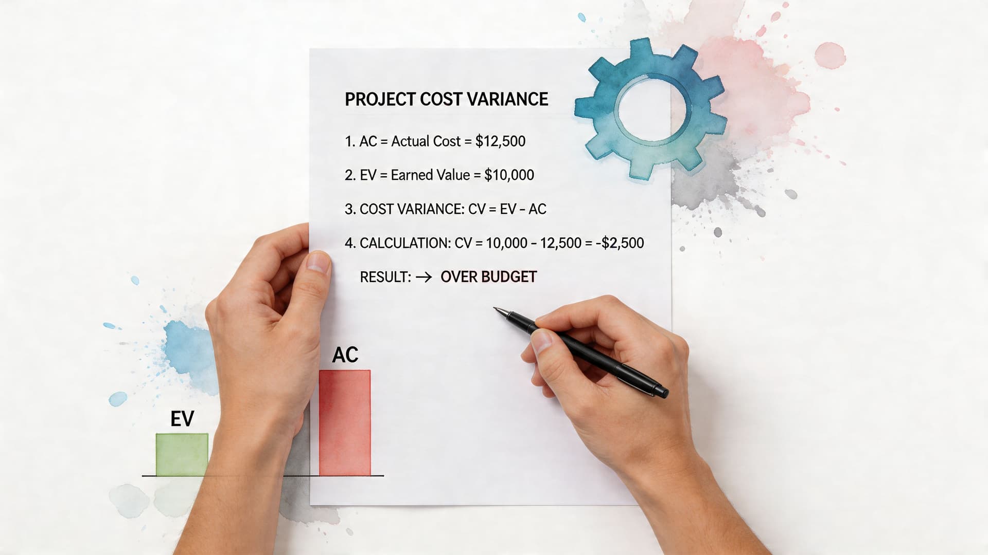 A person writing project cost variance calculations on a paper sheet showing EV and AC values.