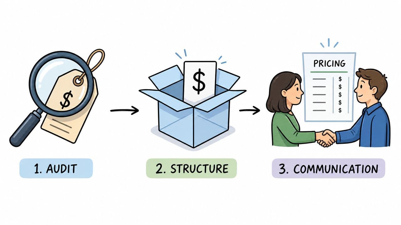 A three-step diagram illustrating pricing transparency: auditing, structuring, and communicating a pricing strategy.