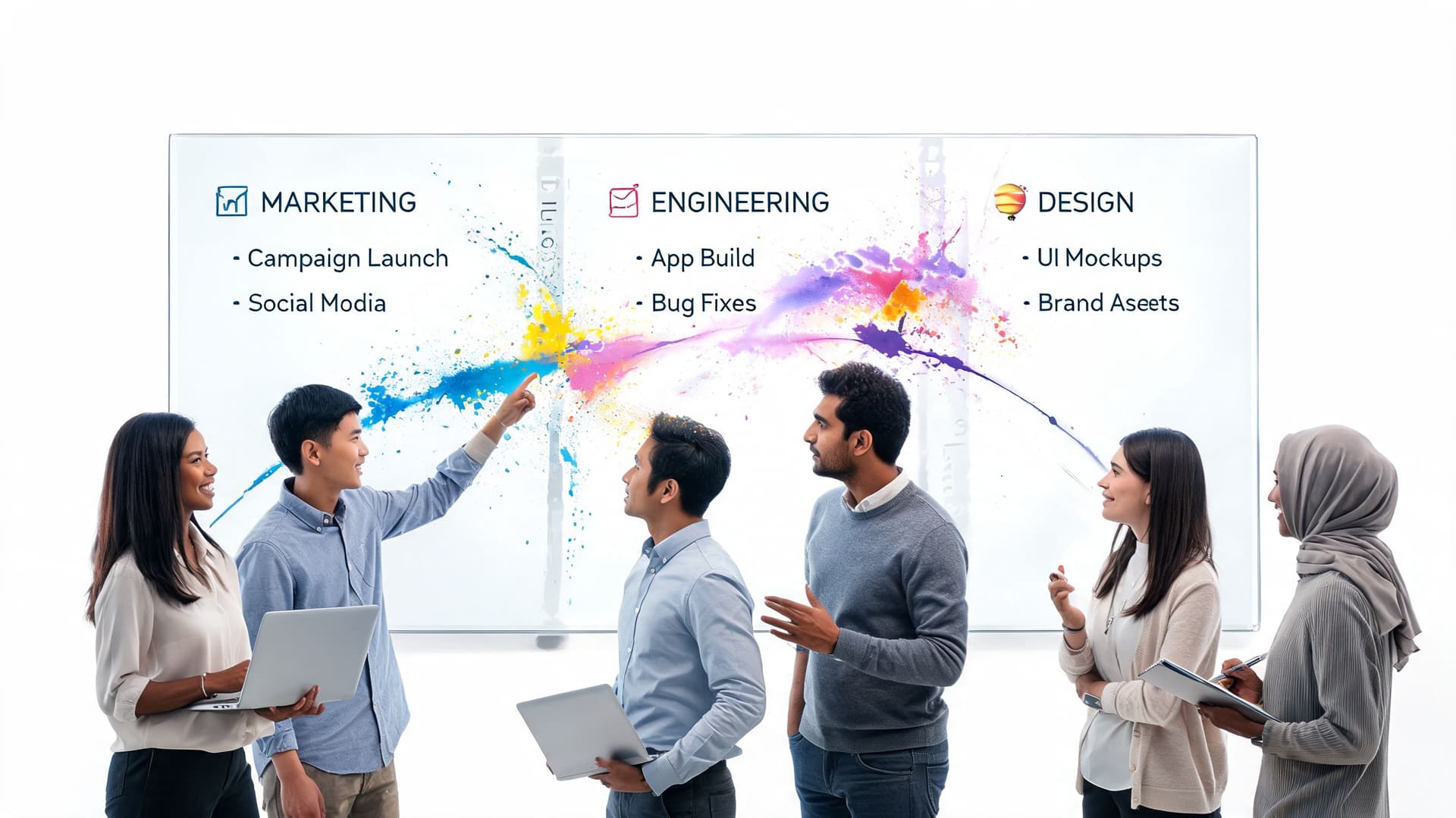 A professional team collaborating on project management tasks in front of a whiteboard with creative splashes.