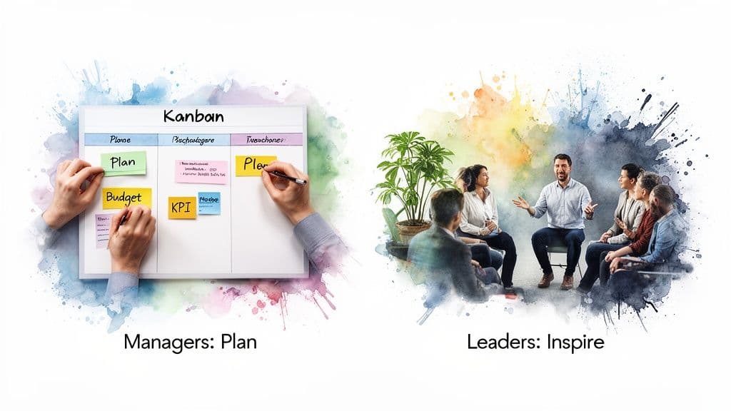 Split image shows managers planning on a Kanban board and leaders inspiring a team discussion.