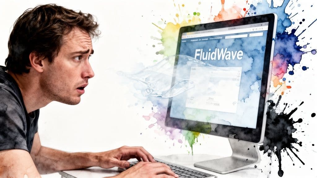 A surprised man staring at a computer screen with abstract watercolor splashes and liquid effects.