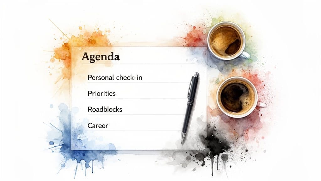White paper with an agenda, a pen, and two coffee cups surrounded by colorful watercolor splashes.