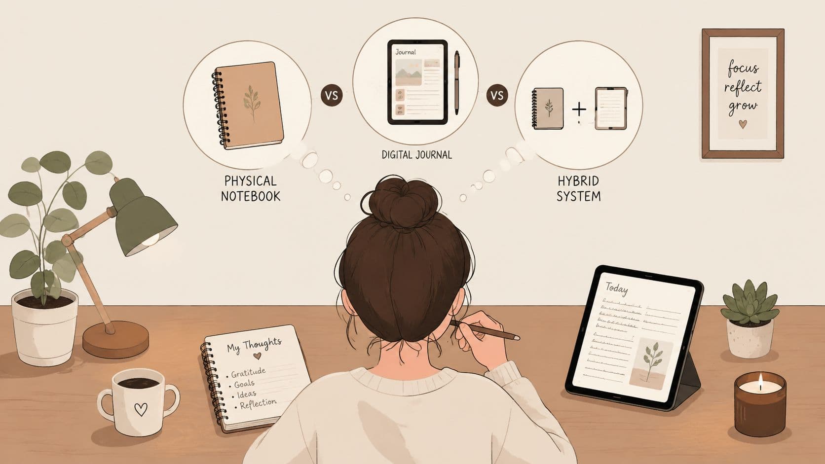A girl illustrating the choice between using a physical notebook, a digital journal, or a hybrid system.