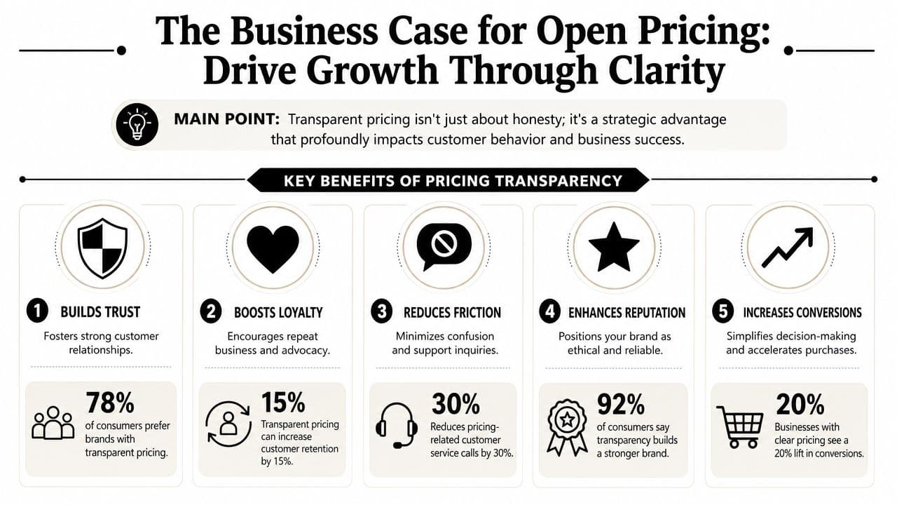 An infographic titled The Business Case for Open Pricing illustrating five key benefits of pricing transparency.