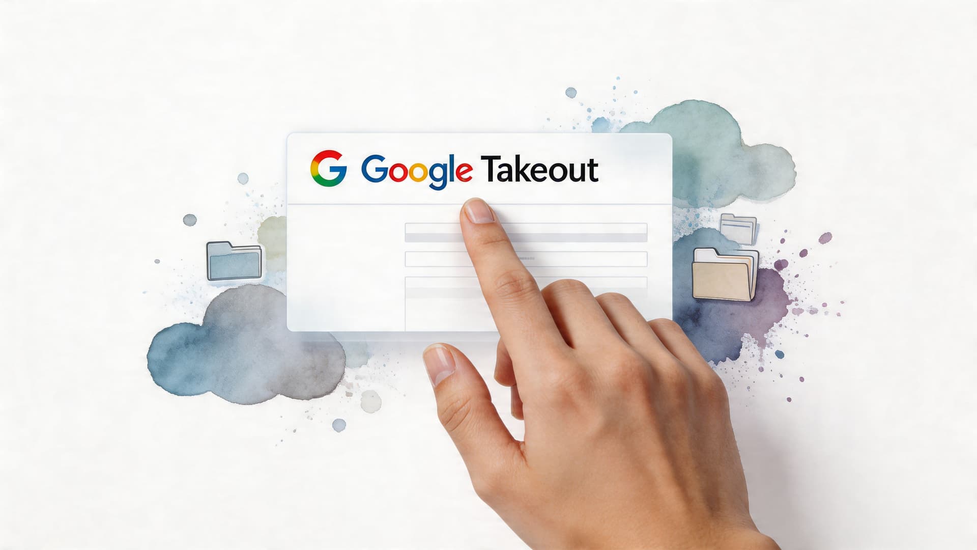 A hand pointing at the Google Takeout logo on a digital interface with watercolor art backgrounds.