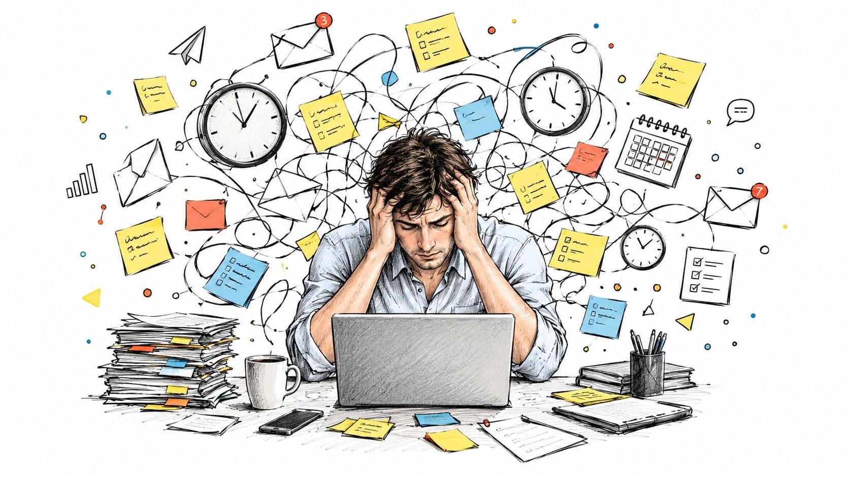 A stressed man sitting at a desk behind a laptop surrounded by floating papers and clocks.