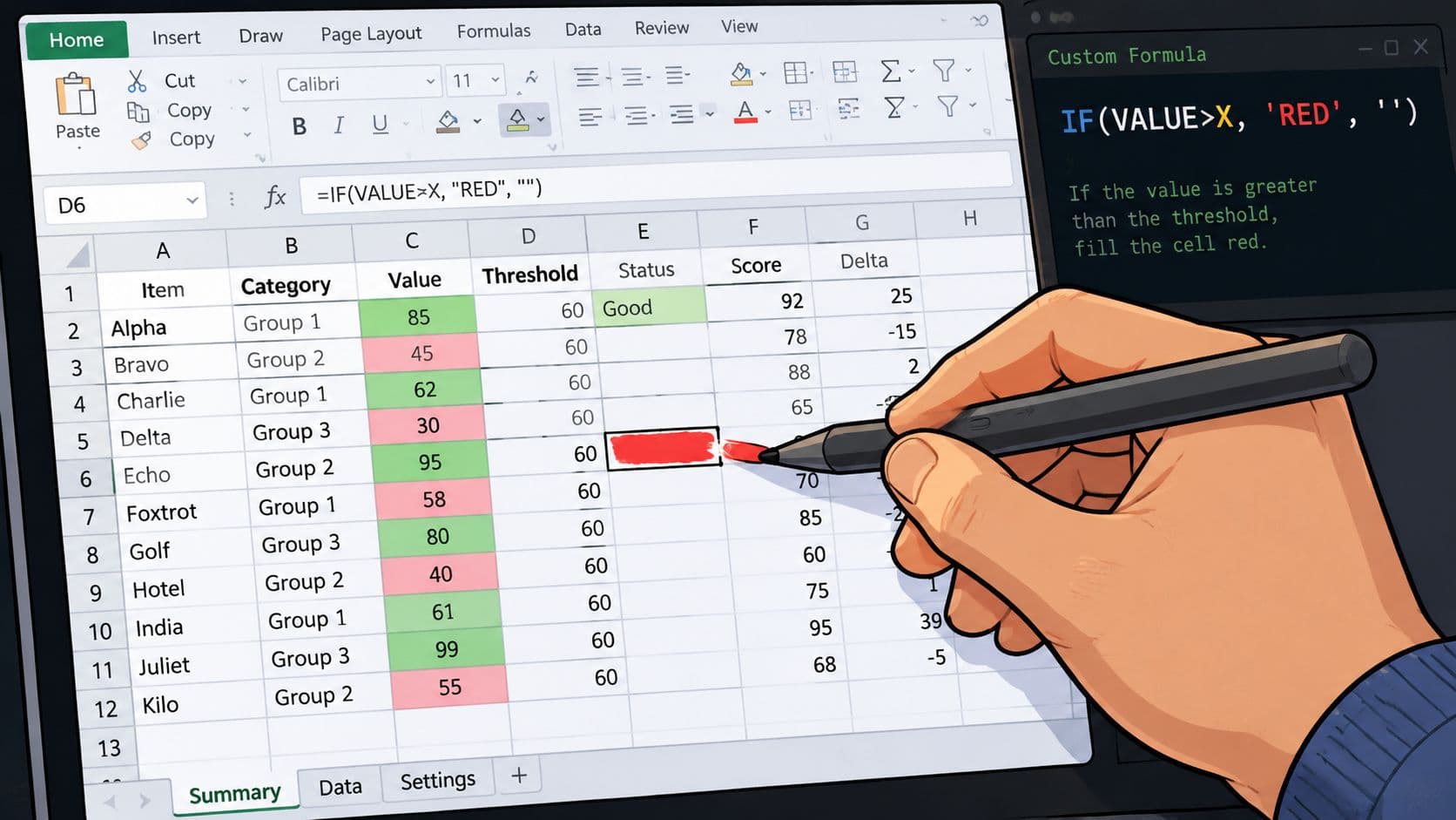A digital illustration showing a hand using a stylus to color code spreadsheet cells in Excel.