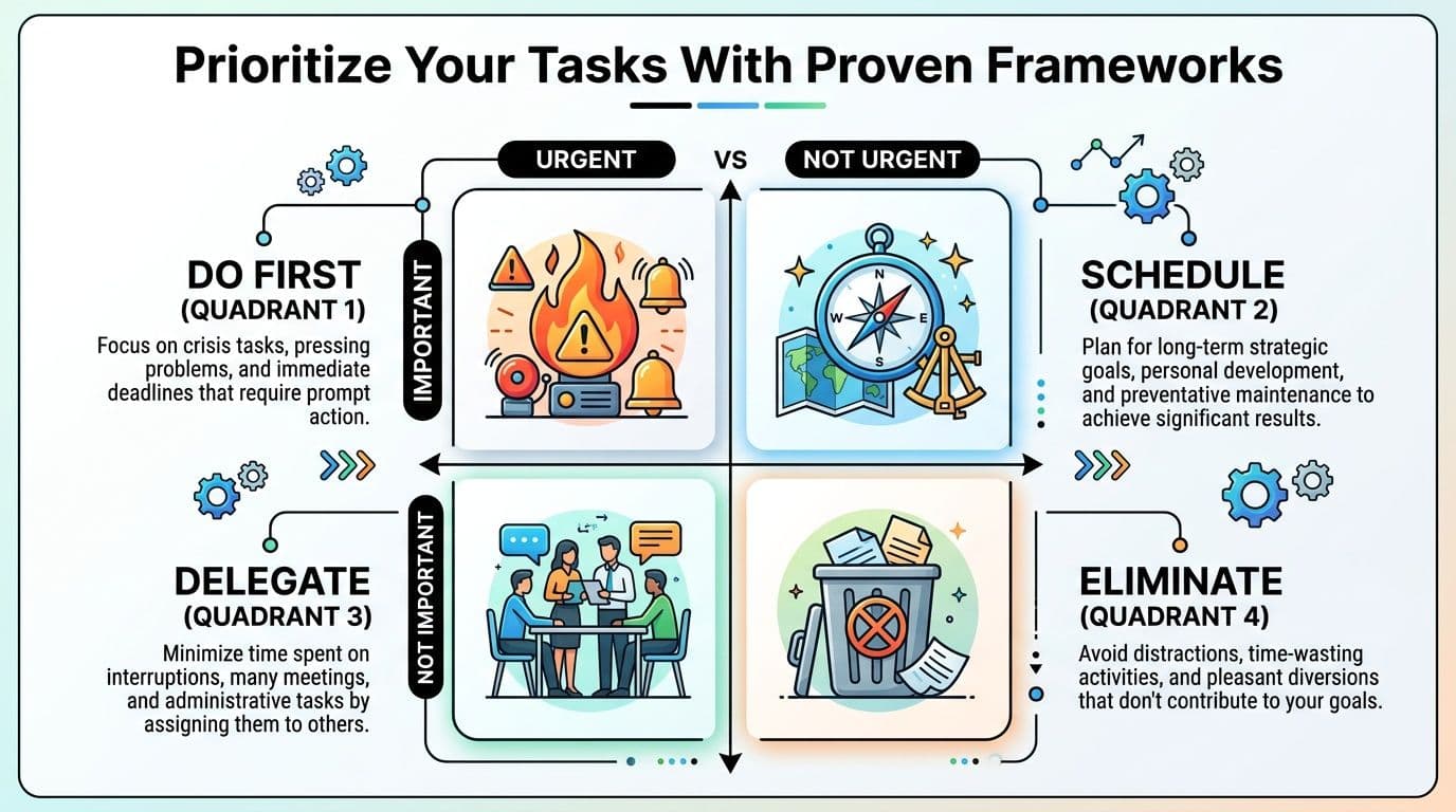 A visual guide to the Eisenhower Matrix for prioritizing tasks by urgency and importance levels.