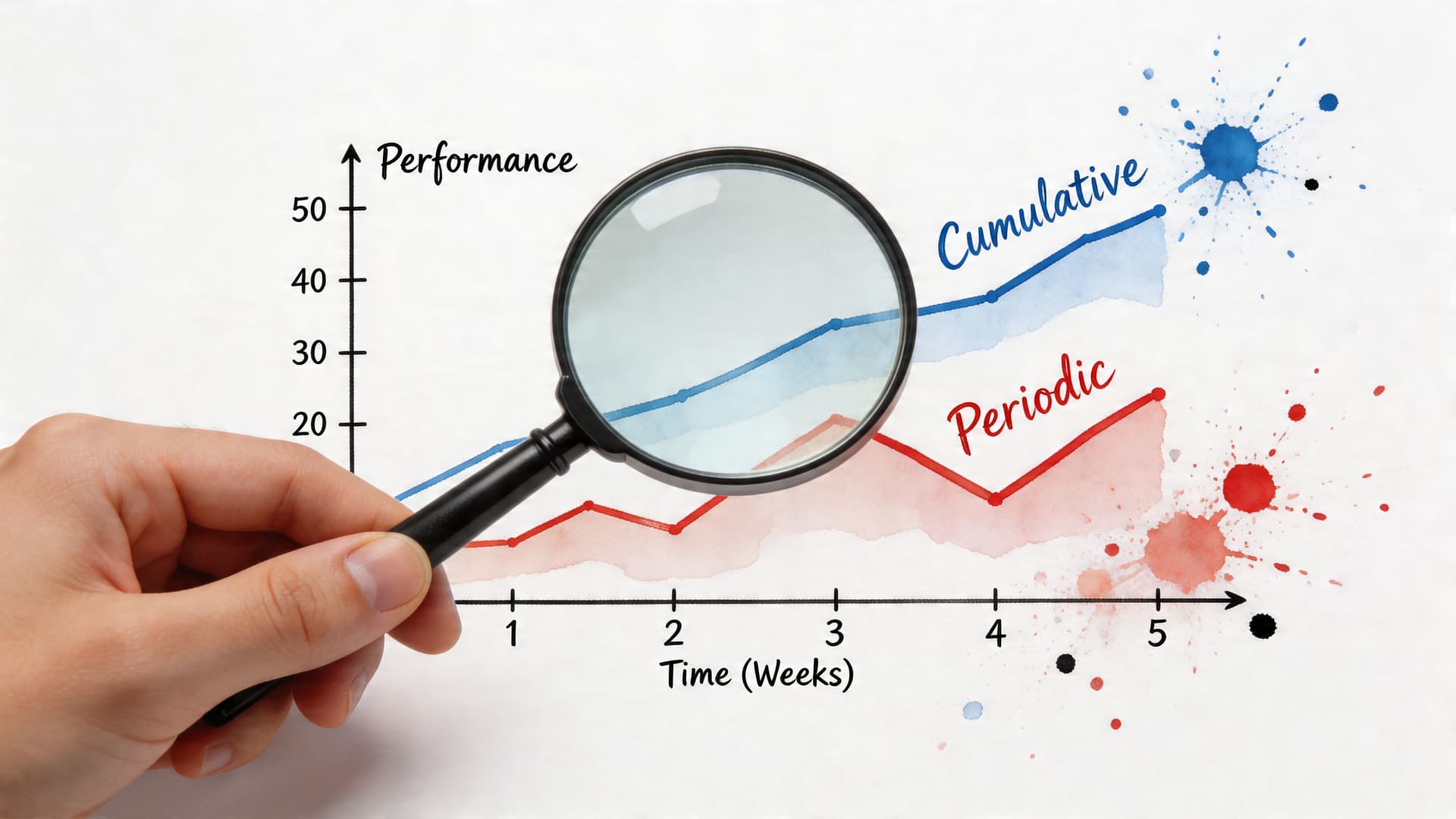A hand holds a magnifying glass over a performance chart showing cumulative and periodic growth trends.