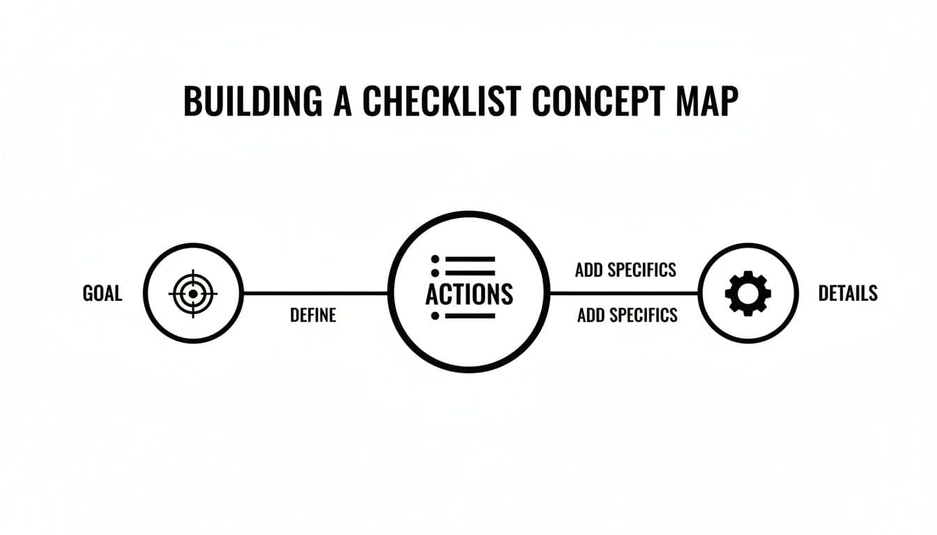 A black and white concept map illustrating the steps for building a checklist from goal to details.
