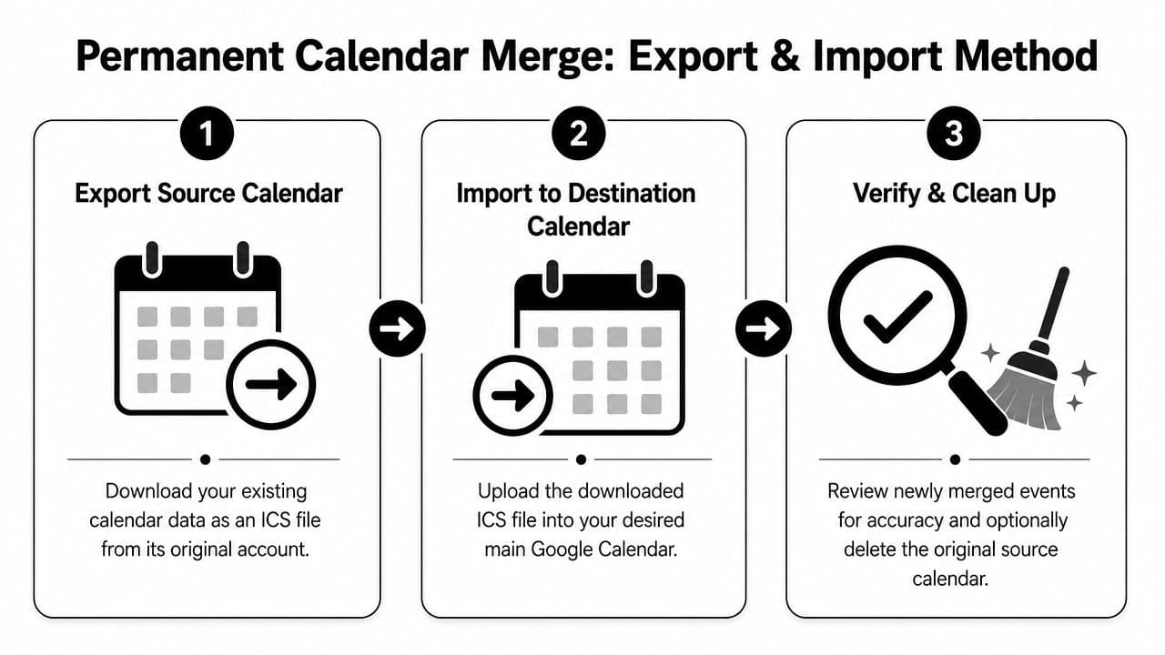 A three-step infographic showing how to permanently merge calendars using the export and import method.
