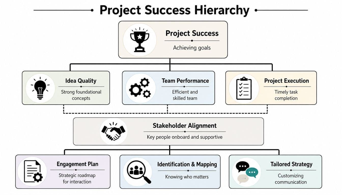 A hierarchical chart illustrating the key factors and strategies for ensuring successful project management and stakeholder engagement.