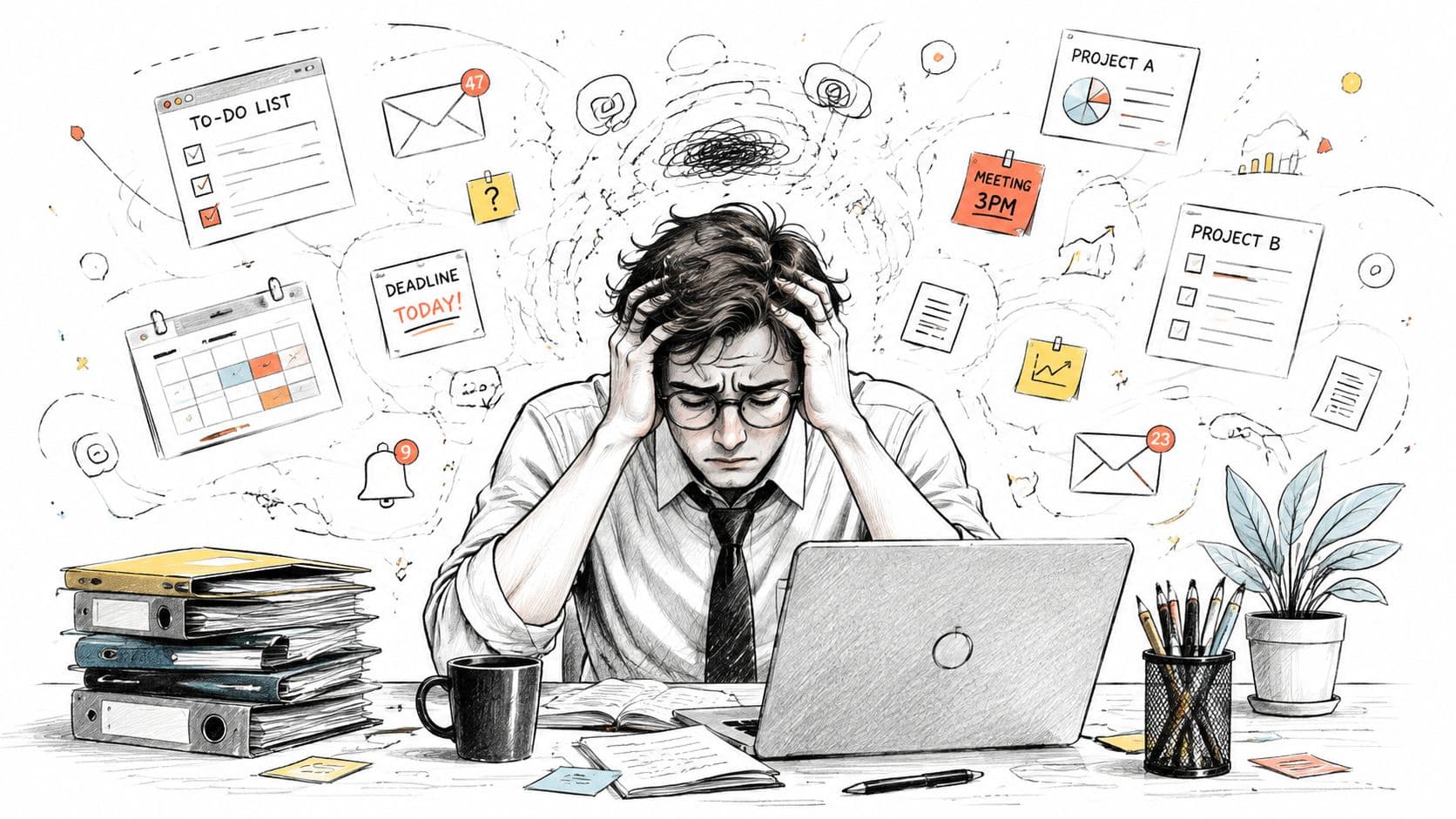 A stressed man sitting at a desk overwhelmed by work tasks, deadlines, and digital notifications.