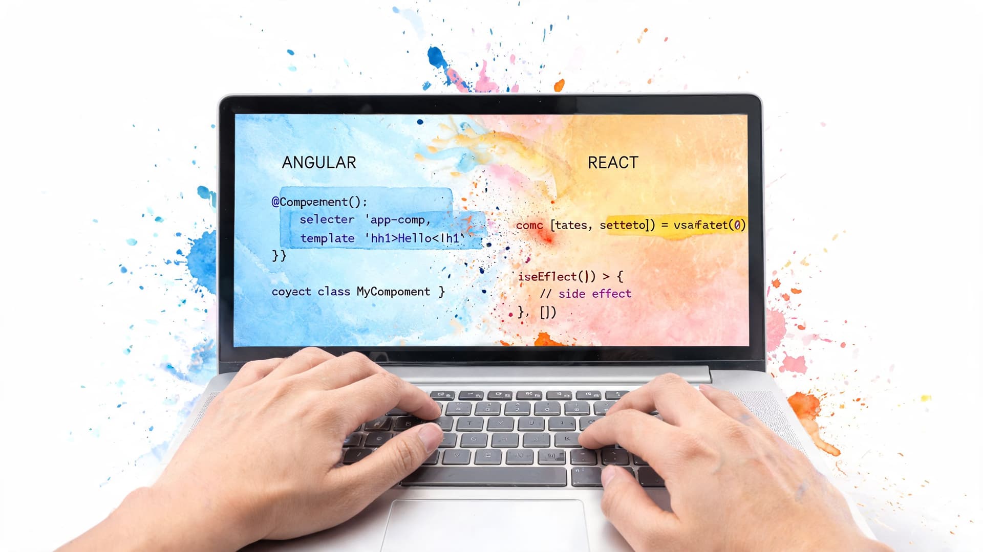 A person typing on a laptop screen displaying code snippets representing Angular and React framework comparisons.