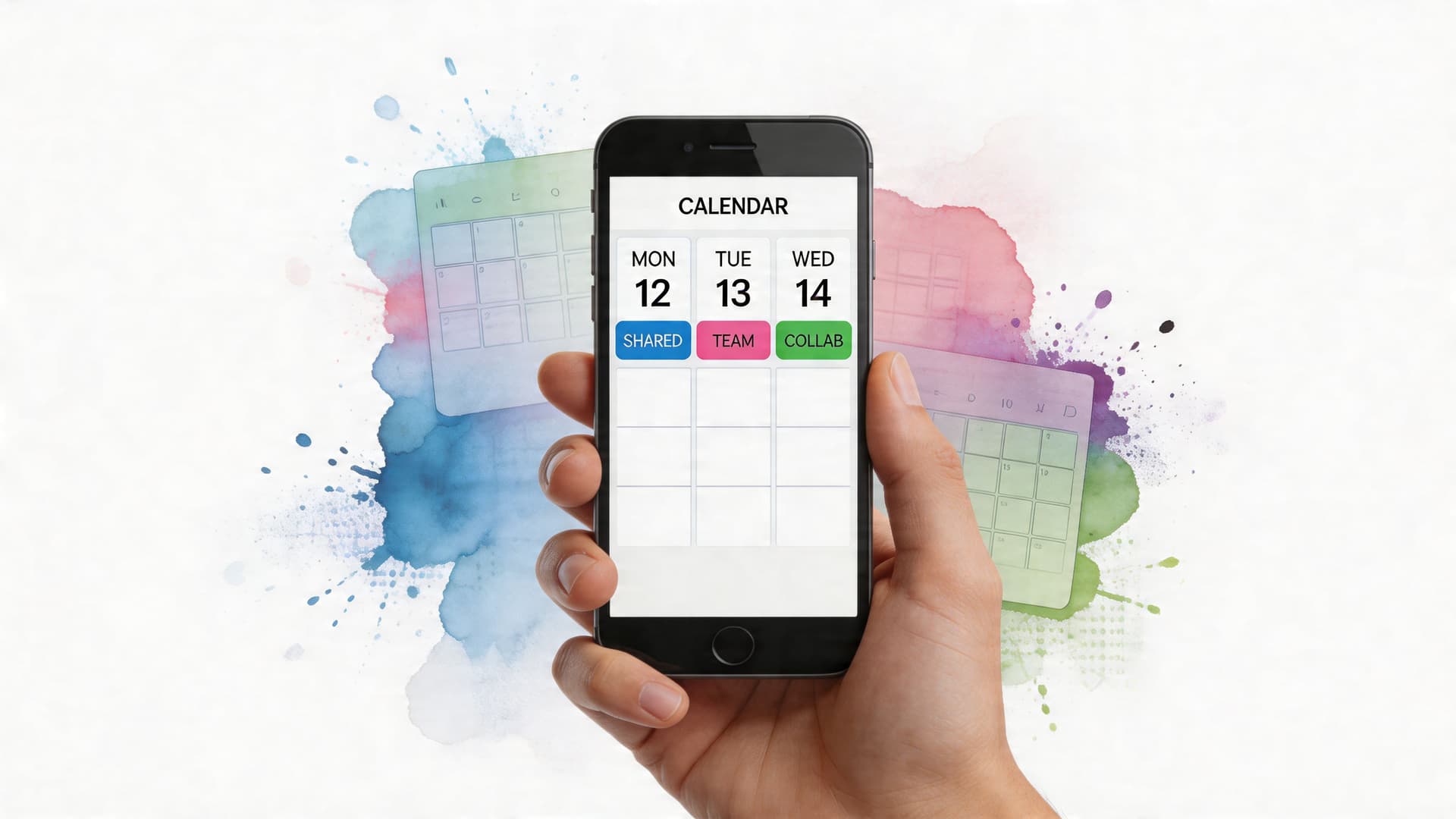 A hand holding a black smartphone displaying a calendar app with dates for Monday, Tuesday, and Wednesday.
