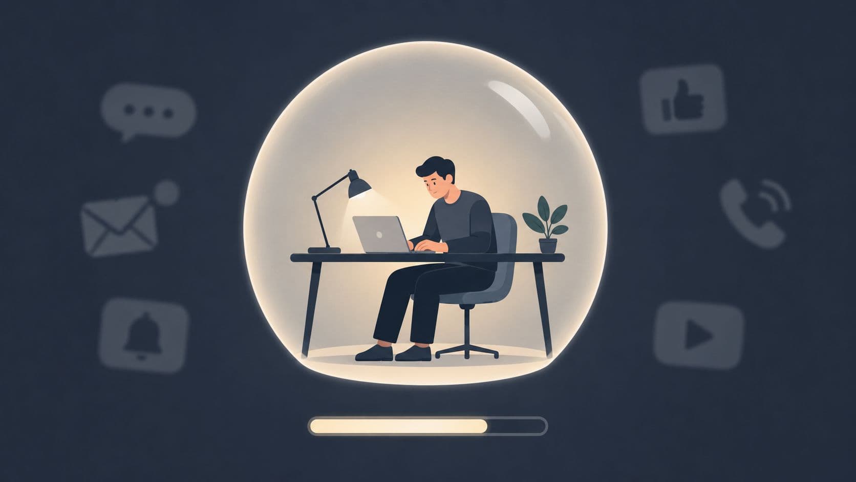An illustration of a person working on a laptop inside a protected glowing bubble, symbolizing focus and work-life balance.