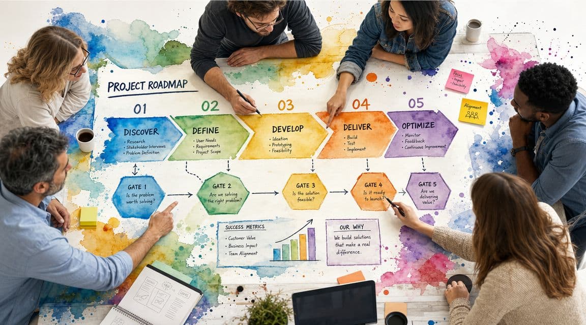 A diverse team collaborating around a table on a creative project roadmap poster illustrating a stage gate process.