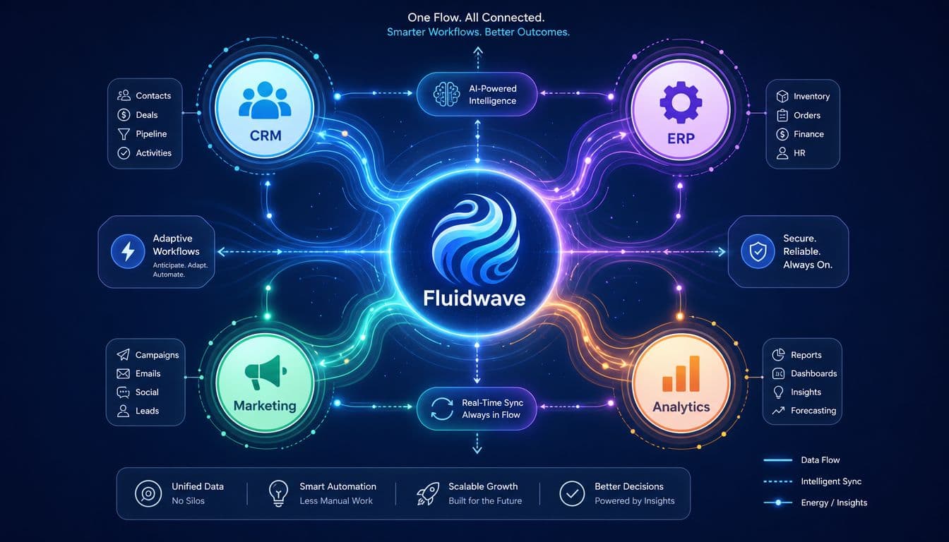 A digital infographic visualizing the Fluidwave platform connecting CRM, ERP, Marketing, and Analytics systems through intelligent synchronization.