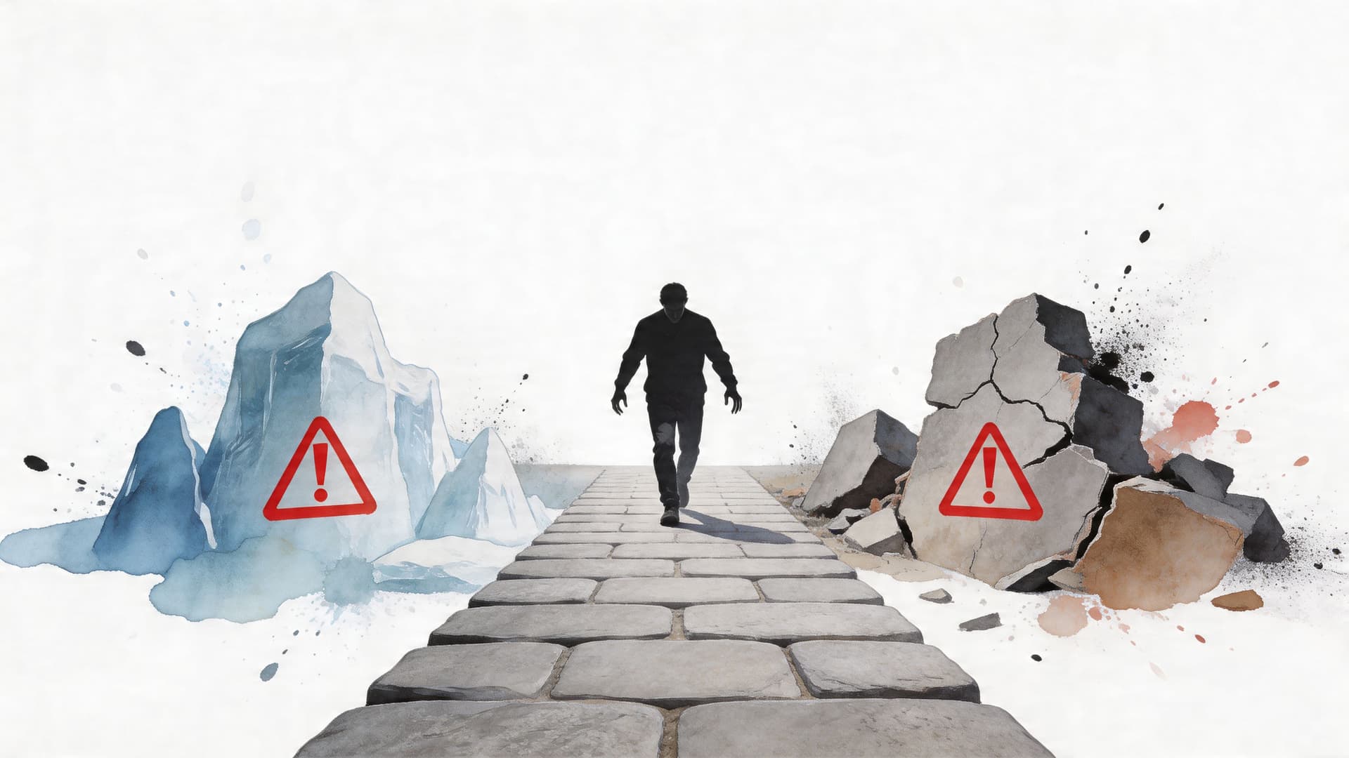 A silhouette of a person walking down a stone path between a melting glacier and broken rocks.