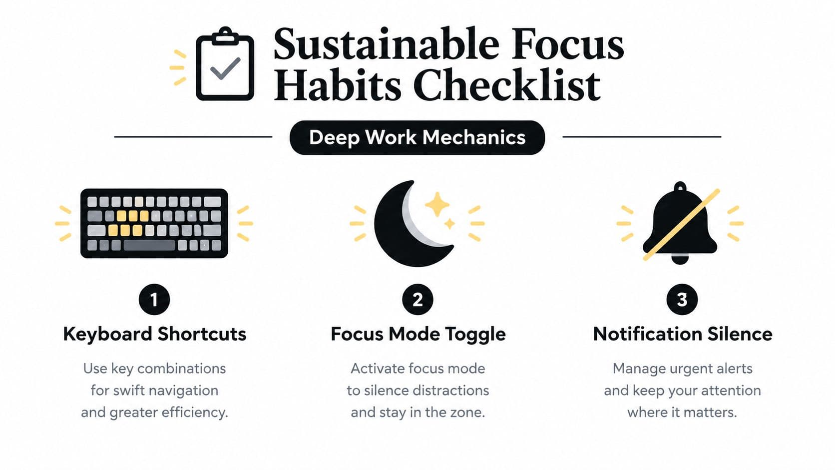 An infographic titled Sustainable Focus Habits Checklist with three icons for keyboard shortcuts, focus mode, and notifications.