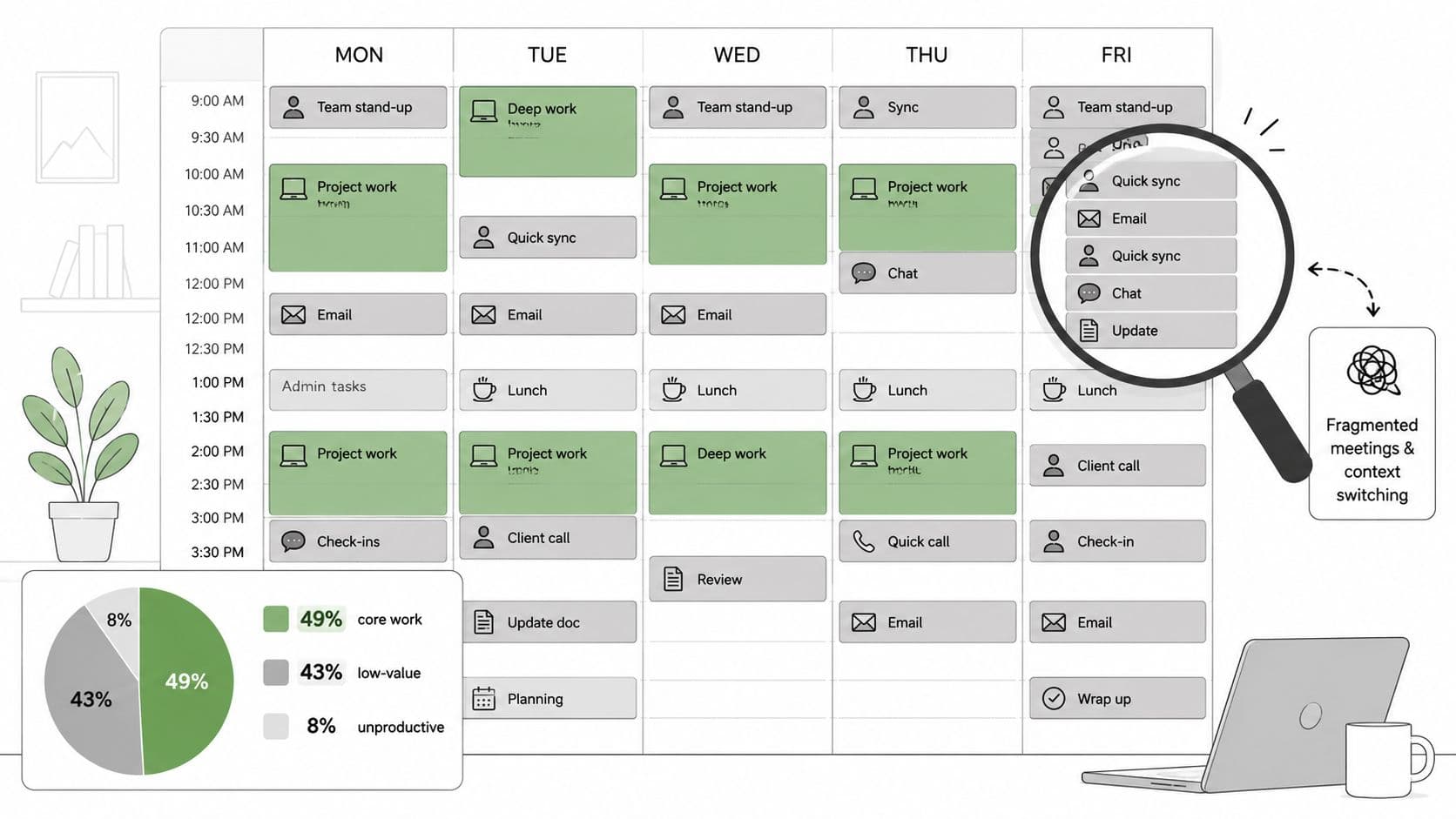 A weekly calendar showing fragmented schedule with meetings and task switching, highlighting unproductive work hours.