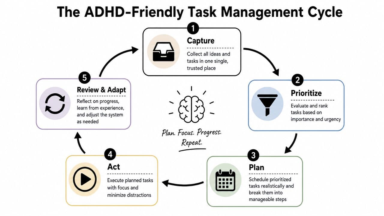 A circular diagram illustrating the ADHD-friendly task management cycle: capture, prioritize, plan, act, and review.