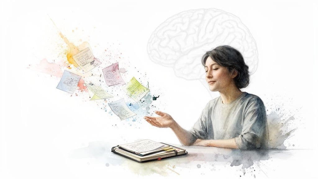 A woman's mind generating colorful handwritten notes, symbolizing ideas and organized thought process.