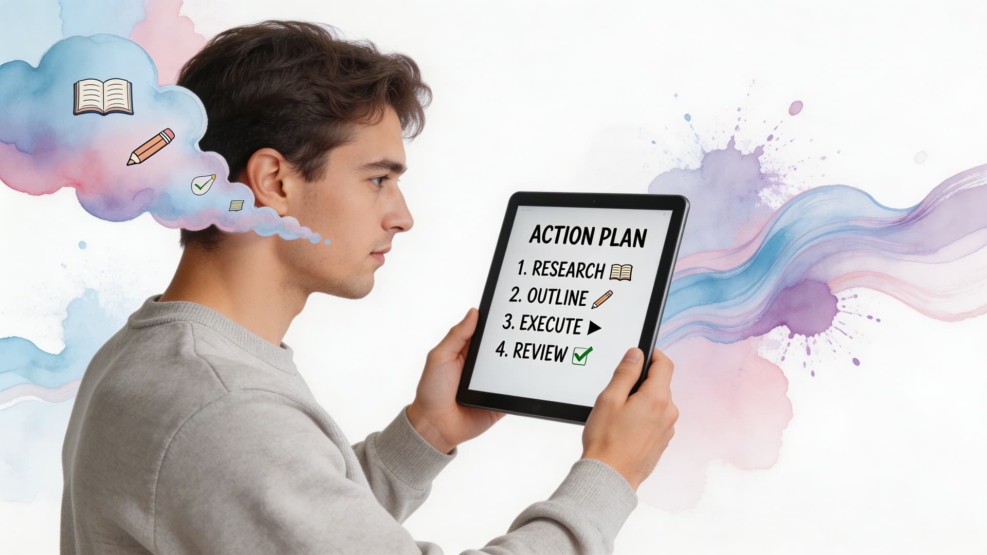 A young man looking at a tablet screen displaying an action plan list with watercolor elements.