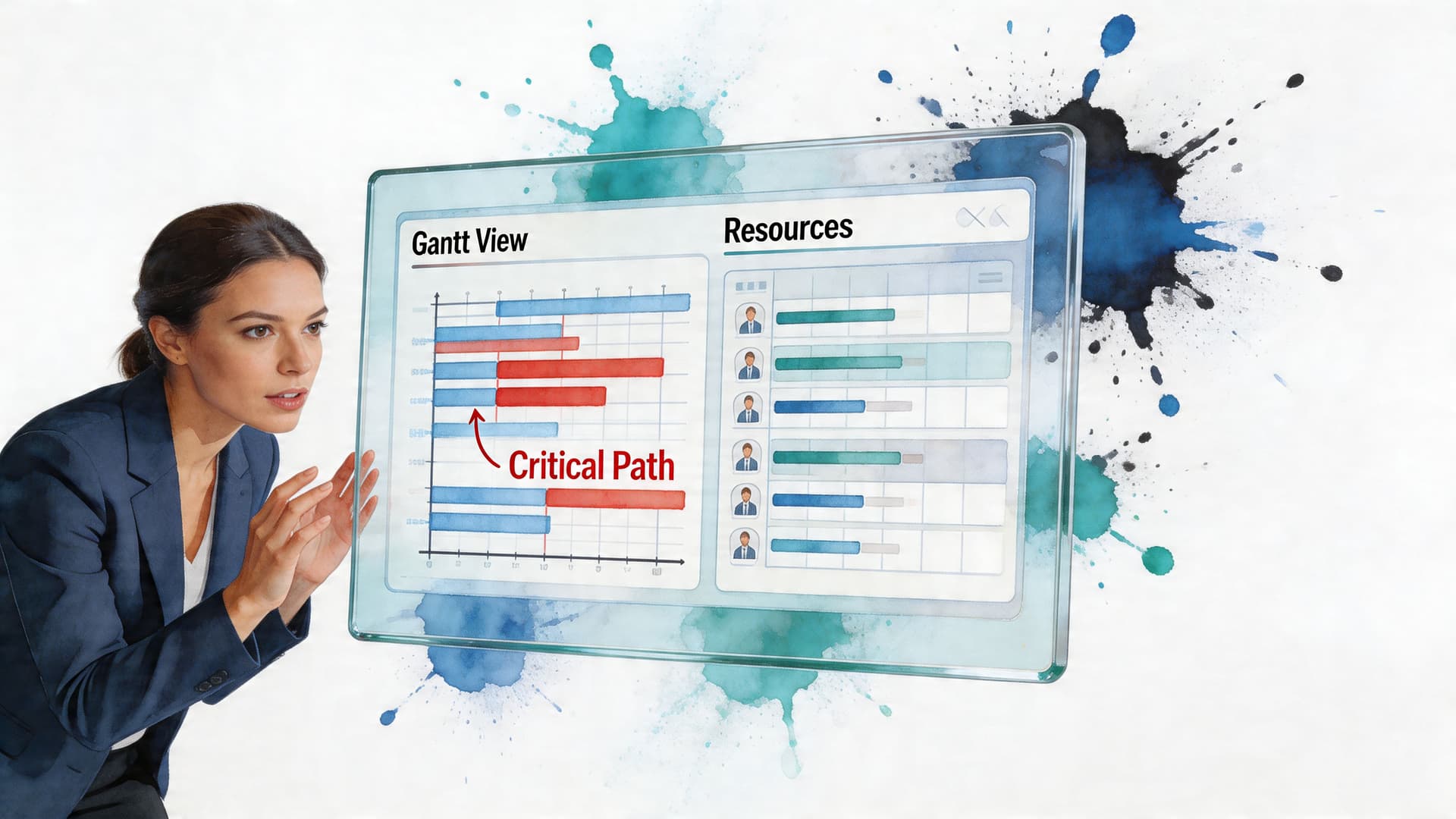 A professional businesswoman analyzing a digital dashboard displaying a project Gantt chart and resource allocation software.