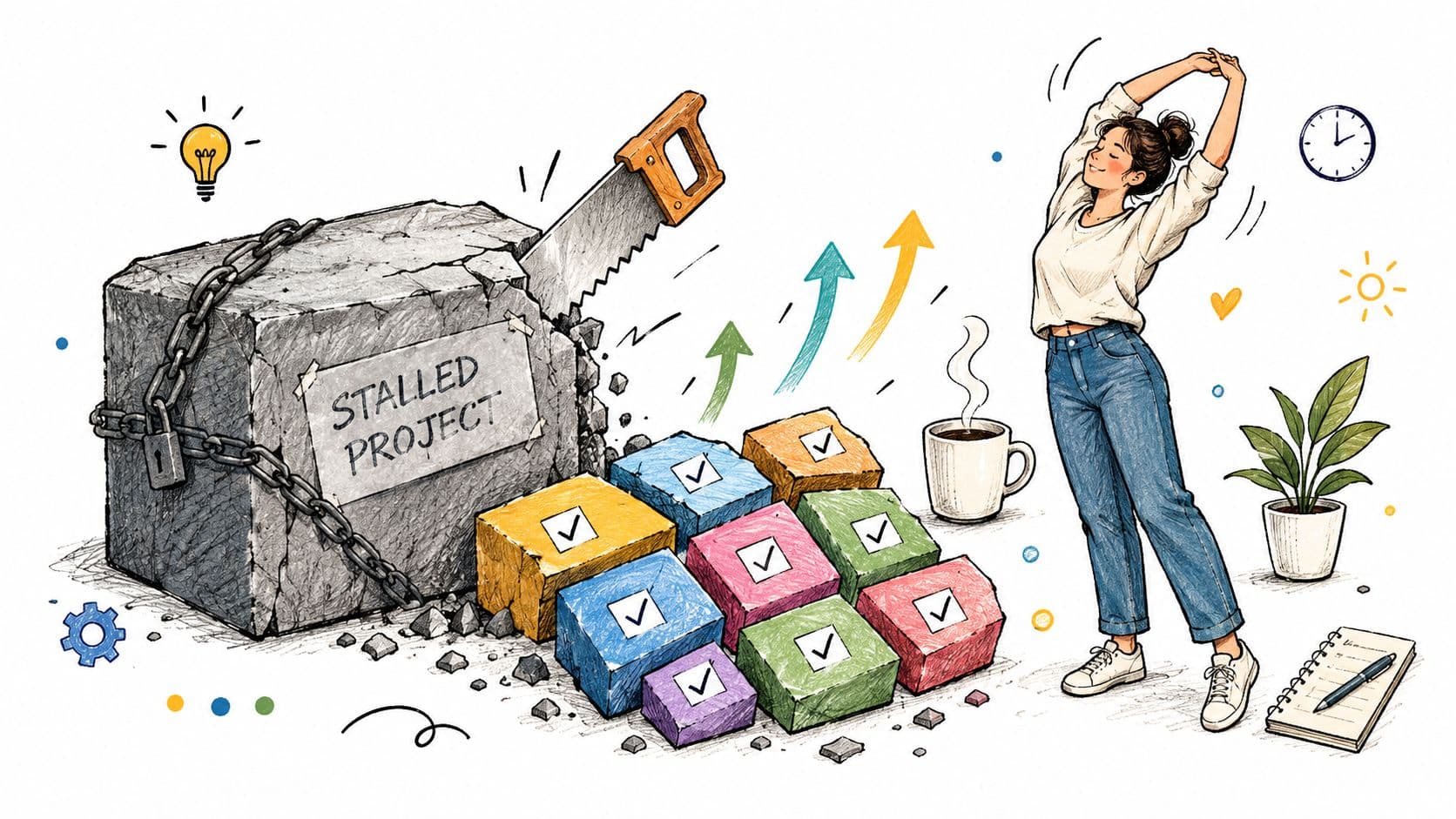 A woman stretches after successfully overcoming a stalled project represented by a chained stone block being sawed.