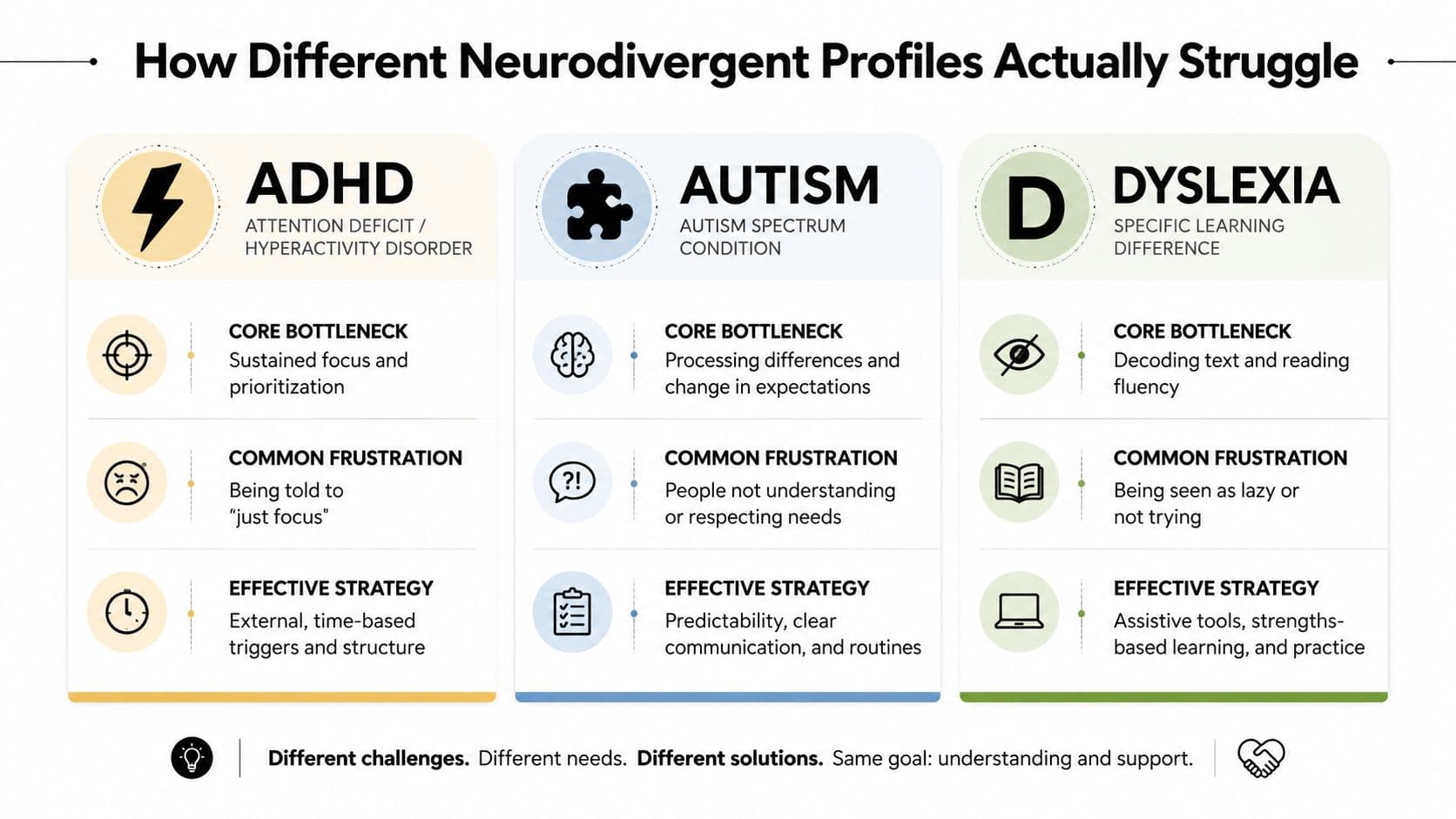 An infographic showing the core bottlenecks, frustrations, and effective strategies for ADHD, Autism, and Dyslexia profiles.