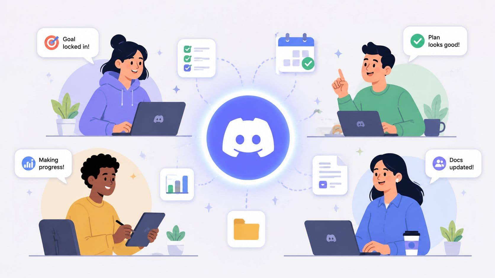 Four diverse people collaborating on projects using laptops connected to a central Discord logo icon illustration.