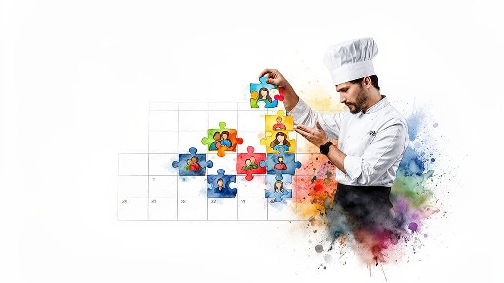 A chef places puzzle pieces with diverse people onto a calendar grid, symbolizing project scheduling.