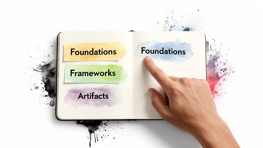Open notebook displaying "Foundations", "Frameworks", "Artifacts" with a finger pointing to "Foundations" on the right page.