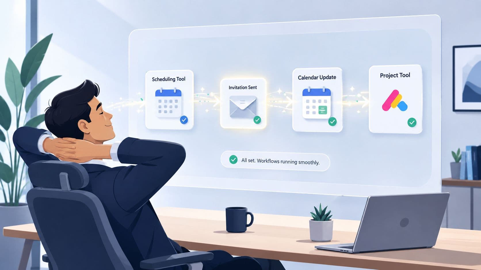 A professional man relaxes at his desk while a digital interface displays automated workflow tasks.