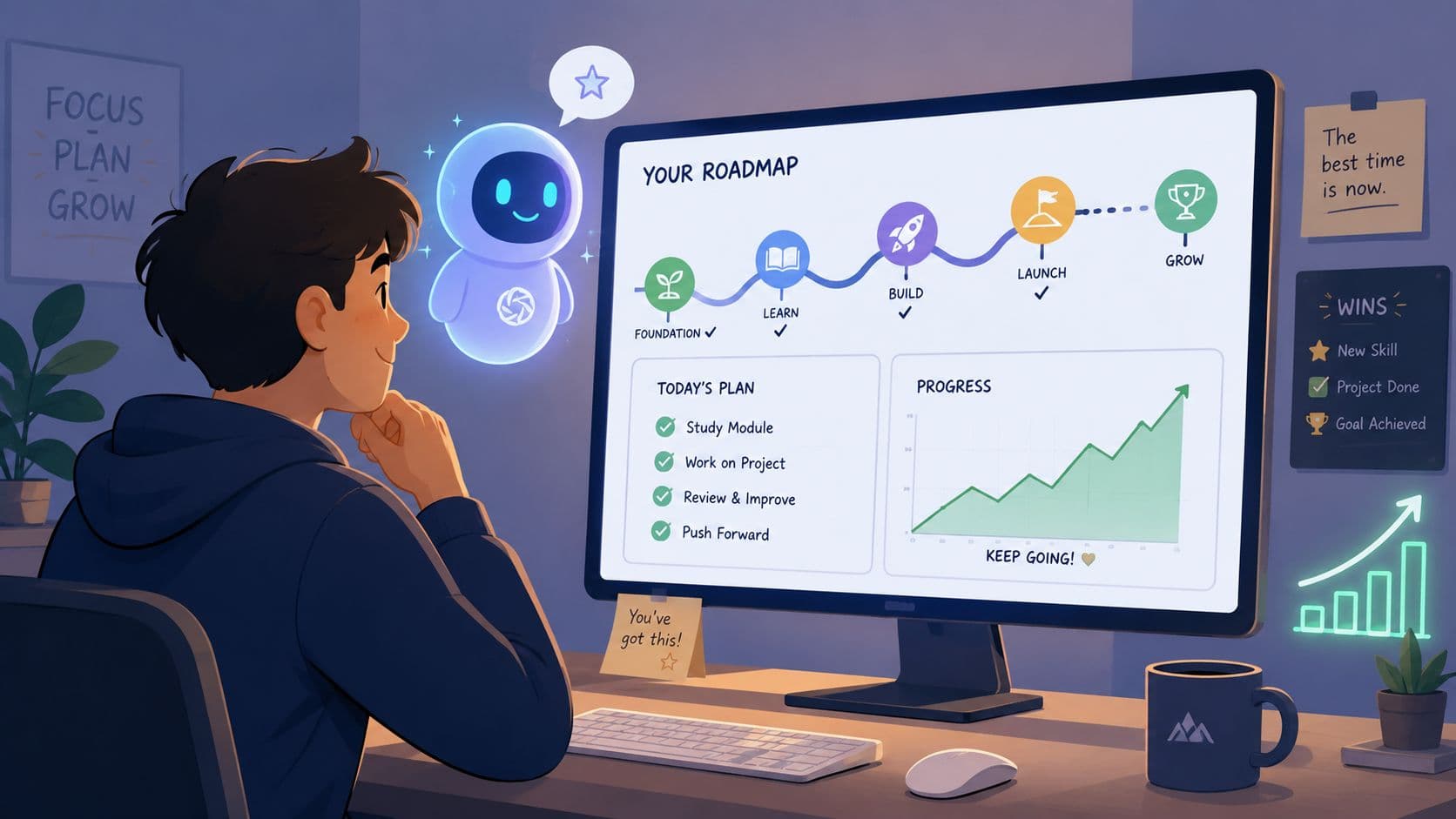 A young student looking at an AI life coach character on a computer monitor with progress charts.