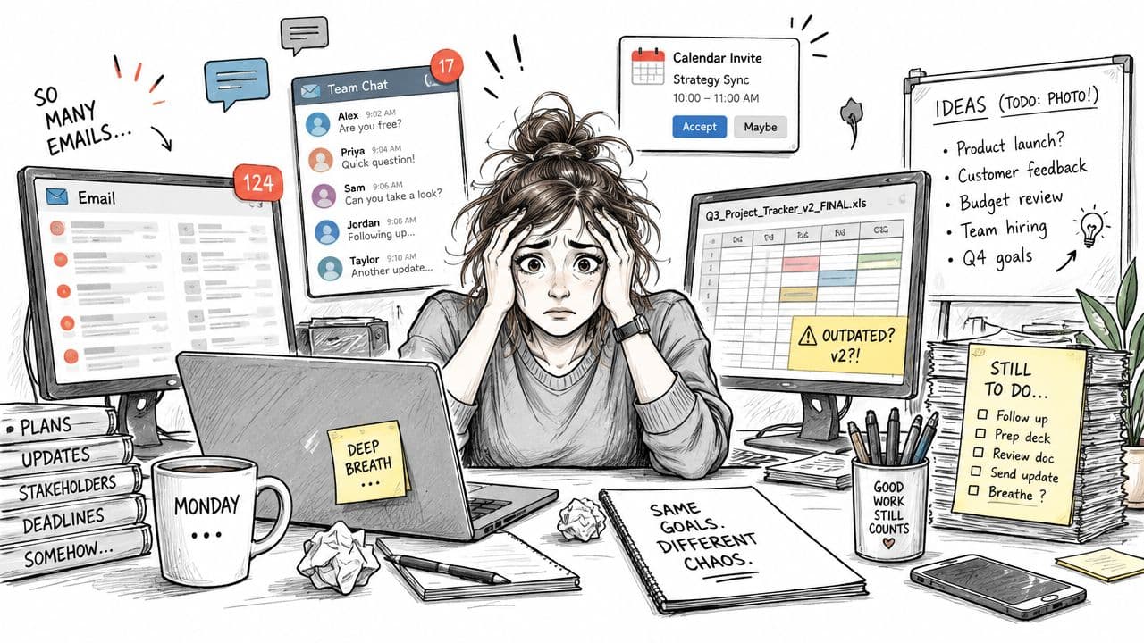 A stressed professional woman sitting at a messy desk overwhelmed by emails, chats, and task lists.